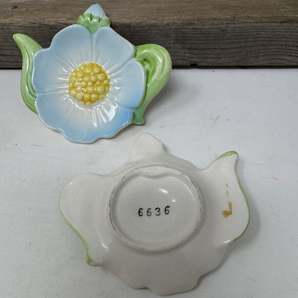 Vintage Ceramic Floral Tea Bag Holders Set Of 2 Hand Painted Green & Blue Flower - Picture 5 of 5